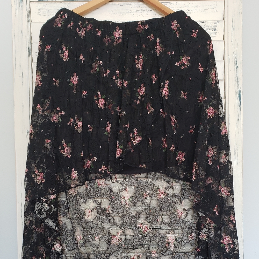 Black Bead Lace Hi-Low Cottage Core Skirt | Sz Lg